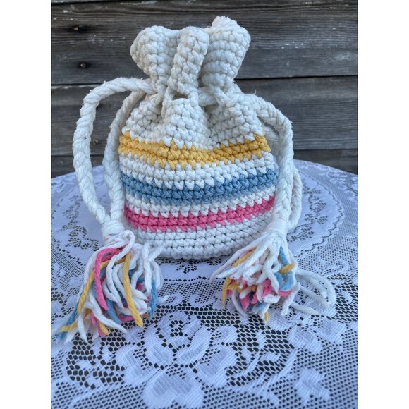 Vintage 1970s Cotton Crochet Pastel Stripe Drawstring Bag Purse - Picture 8 of 13